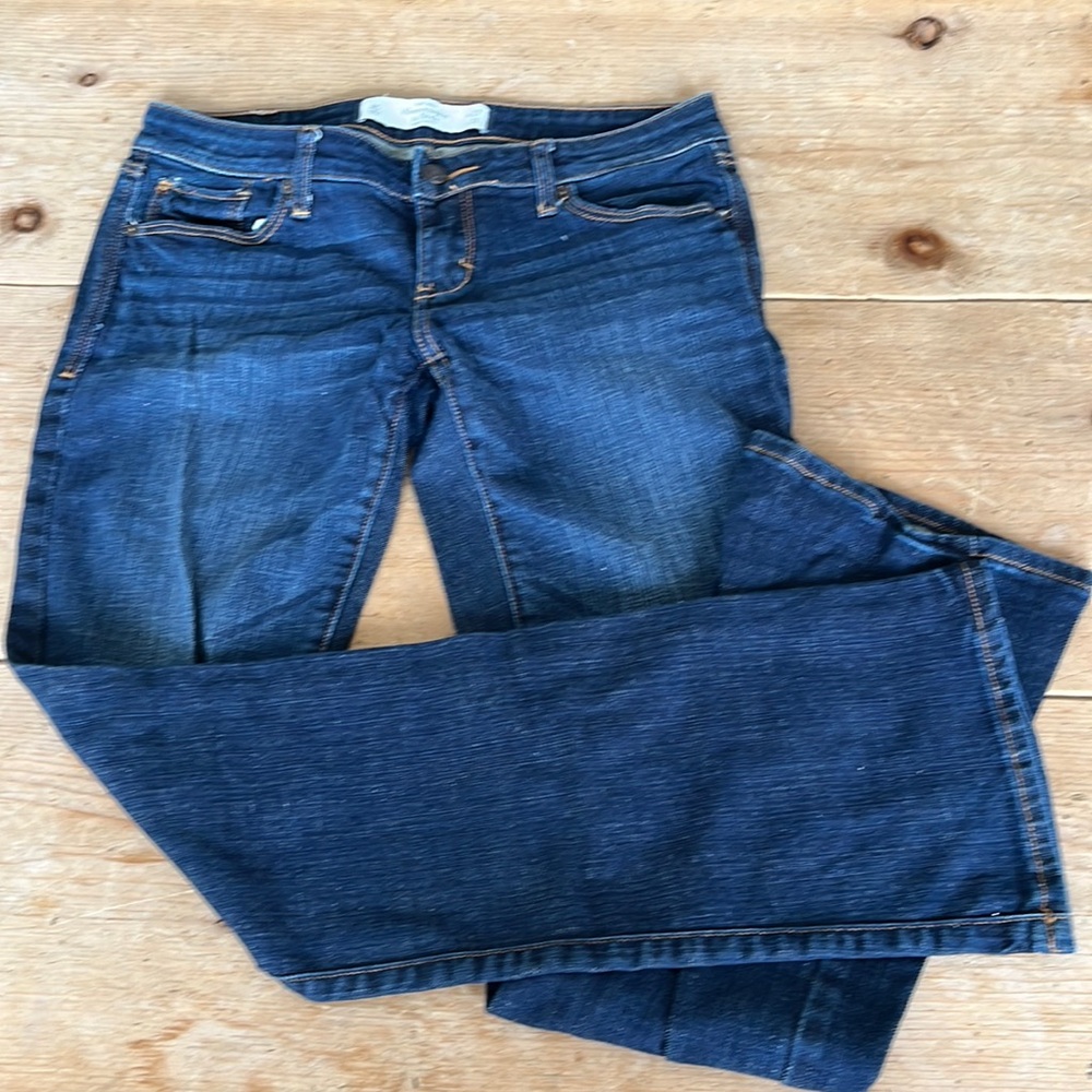 Abercrombie & Fitch Dark Distressed Blue Denim boot jeans.